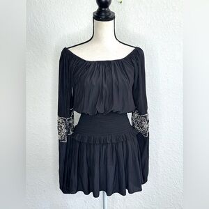 Ramy Brook Black Off-Shoulder Mini Dress Smocked Puff Sleeve XS Polyester
